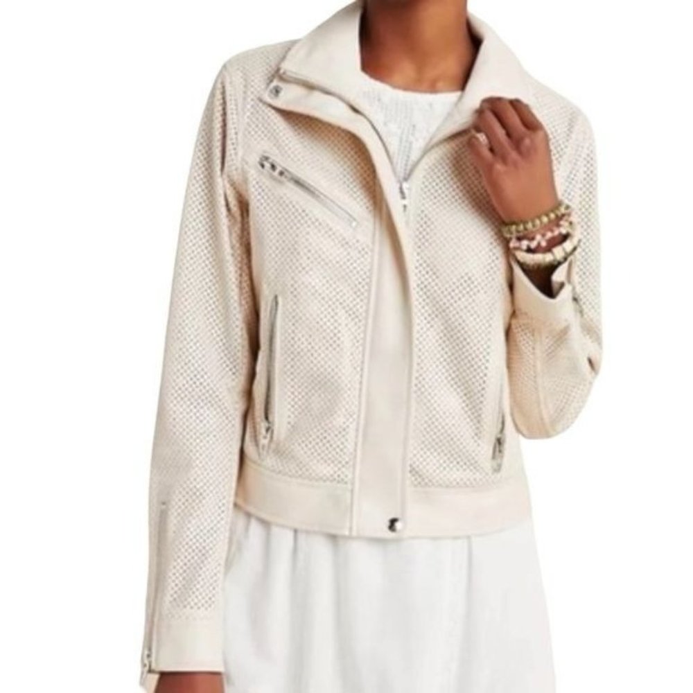 Free People Blank NYC Imelda Perforated Moto Jacket Cream Size Small NWT
